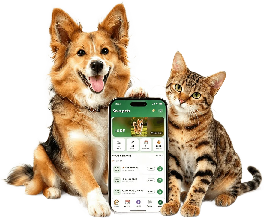Cachorro e gato ao lado de um celular mostrando o app Diário dos Pets